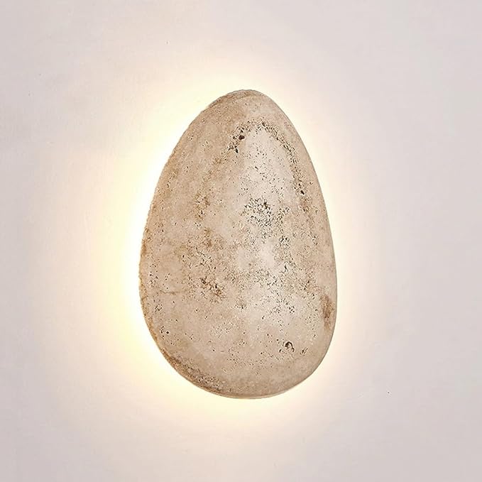 Wabi-Sabi Art Lighting Fixture, Japanese Style Natural Stone Wall Light, Cobblestone Shape Yellow Travertine Wall Sconce, 7W LED Warm Light 3000K Wall Lamp for Bedside Bedroom Living Room