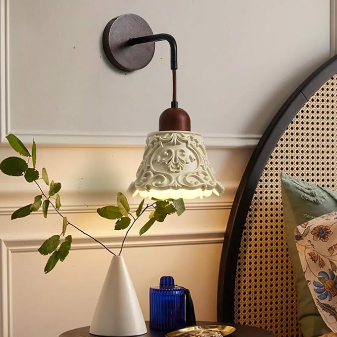 Modern Resin Wall Sconce Lighting Nordic Solid Wood Wall Lamp Wabi Sabi Cream Yellow Home Decor Lighting Fixture Cream Yellow Floral Finish, Japanese Style Walnut Wood Art Wall Sconces