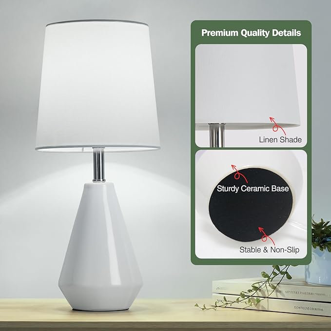 Small Bedside Table Lamp for Bedroom - Reading Desk Lamp with 3 Color Temperatures，15.5" Nightstand Ceramic Lamp with Fabric Shade for Kids Room,Living Room,Dorm,Home Office (White)