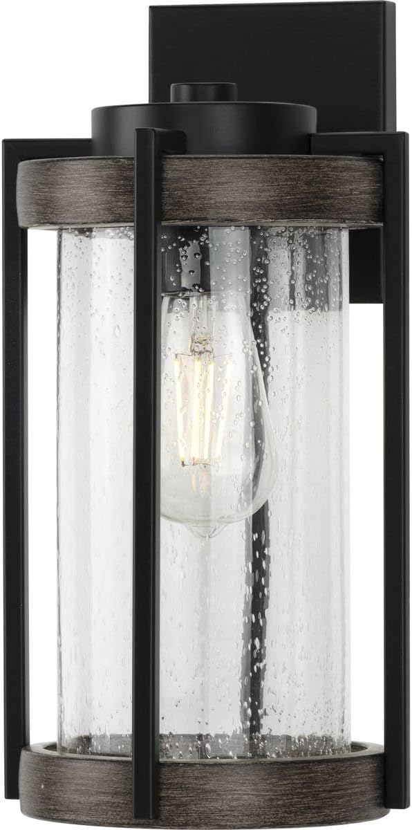 Whitmire Collection 1-Light Clear Seeded Glass Light Aged Oak Accents Farmhouse Outdoor Wall Lantern Light Matte Black