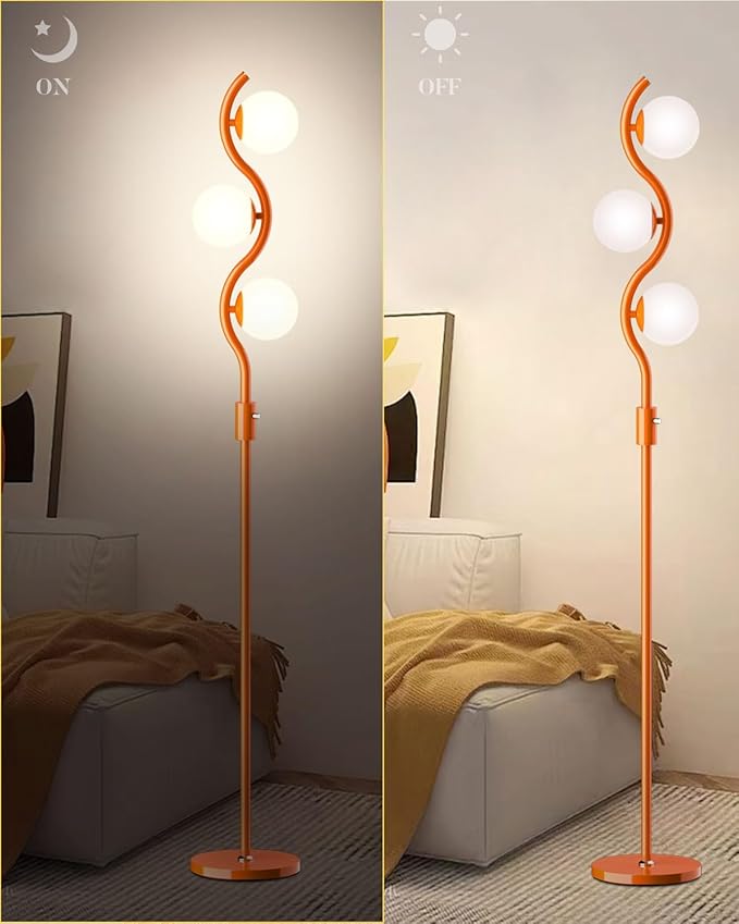 Lightdot 3-Globe Dimmable Floor Lamp Orange Mid Century Modern Standing Lamp with 3PCS 3000K G9 Bulbs Stepless Brightness Adjustable Stable Base for Living Room, Bedroom, Office - Aura Lighting