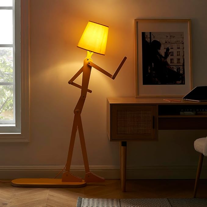Cool Mini Wood Floor Lamp for Living Room Bedroom Bedside - Office Corner Decorative Reading Standing Light Creative Swing Arm Arc Design Gift for Kids Room - LED Bulb Included (Egg Yellow)