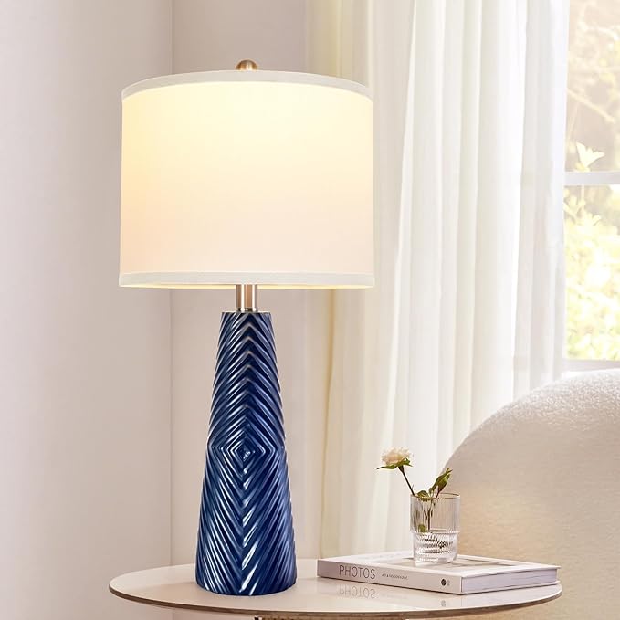 Terpsichore Nightstand Lamp Bedside Lamps Set of 2 Vintage Rustic Farmhouse Table Lamp 3 Way Dimmable Horizontal Stripe Light,for Living Room Bedroom,USB A+C (Blue, High 24 Inch)
