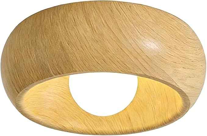 Modern Wood Grain Flush Mount Ceiling Light, Round Wabi-Sabi Style Ceiling Lamp, Minimalist Metal and Glass Fixture for Hallway, Entryway, Balcony, Japanese Decor Light(Light Wood)