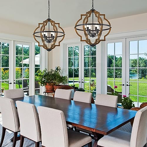 22.83" 6 Light Brown Oak Wood Drum Pendant Light for Dining Room