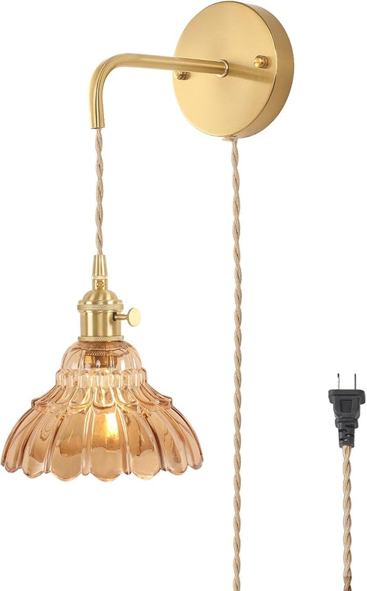 Vintage Wall Sconce with Amber Lily of The Valley Glass Shade Hanging Wall Sconce with 4.9FT Plug in Cord, Modern Wall Lamp Fixtures Decor for Bedside Bedroom Indoor Doorway - Aura Lighting
