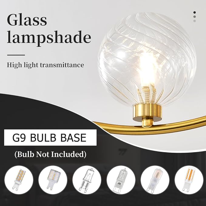 3-Head Gold Modern Chandelier with 3 Clear Glass Globe Bulbs, Globe Chandelier, Elegant Lamps with Gold Accents, Ceiling Light for Living Room Kitchen Island Bedroom Entryway