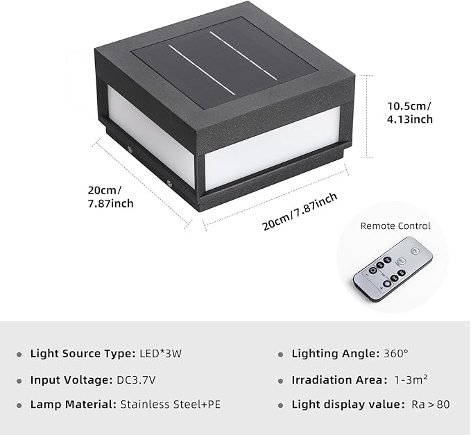 Solar Post Light, 7.87" Outdoor Modern Fence Deck Cap Lights for Small Pillars Column Waterproof Lamp 3000K Luxury LED Lighting for Patio Gate Driveway Garden Decoration
