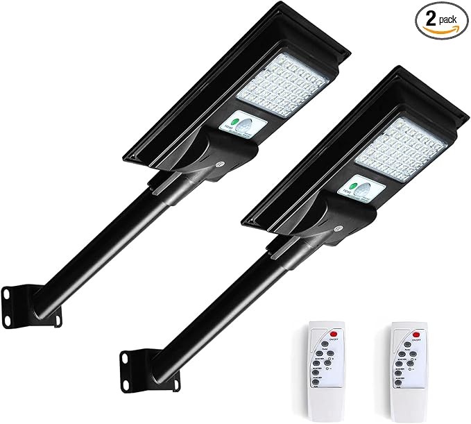 2 Pack Solar Lights Outdoor, IP65 Waterproof Solar Street Lights Outdoor, 6000K Dusk to Dawn Solar Security Flood Lights Motion Sensor with Remote Control for Yard, Parking Lot, Garage, Porch - Aura Lighting
