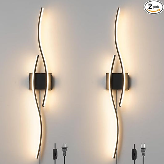 Modern Plug in Wall Sconces Set of Two, RC Dimmable LED Plug in Wall Light, Black Sconce Wall Lighting for Living Room, Hallway, Bedroom - Aura Lighting
