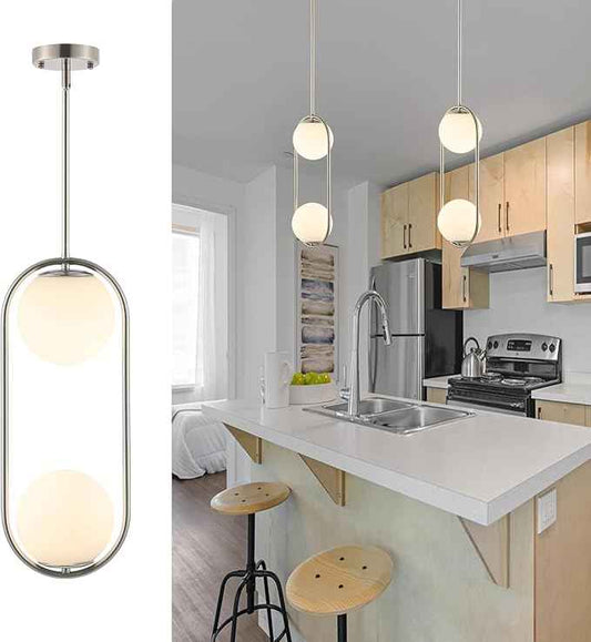 Modern Globe Pendant Light 2-Lights Brushed Nickel Chandelier Mid Century Ceiling Hanging Lighting Fixture White Globe Glass Shades for Kitchen Island Dining Room Bedroom