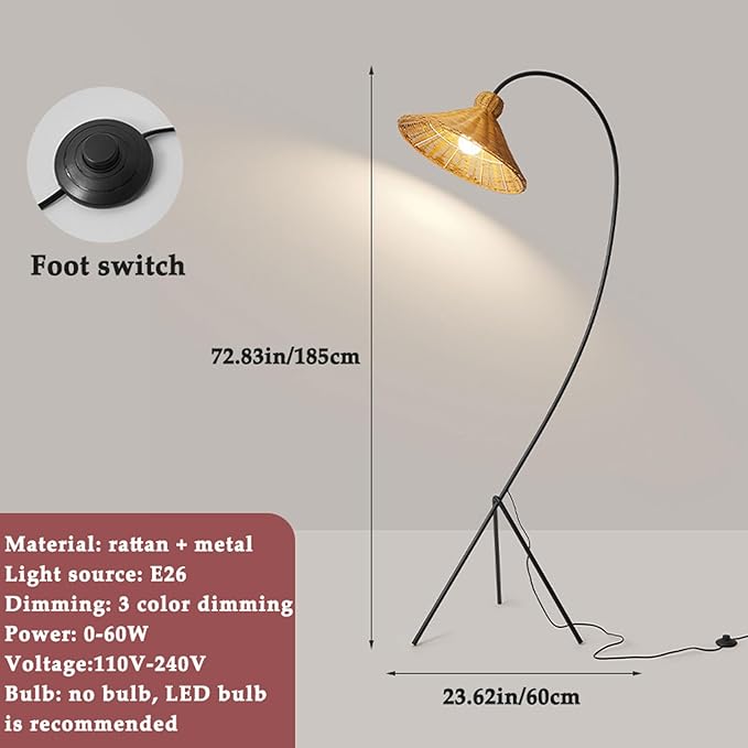 Wabi-Sabi Style Rattan Floor Lamp H72.83in E26 3-Color Dimming Living Room Corridor Standing Lamp Bedroom Study Torchiere Villa Club Decorative Lighting Fixture
