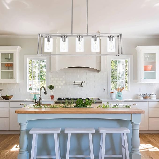 VINLUZ Contemporary Chandeliers Brushed Nickel 5 Light Modern Dining Room Lighting Fixtures Hanging, Kitchen Island Linear Pendant Lights Farmhouse Flush Mount Ceiling Light with Glass Shade - Aura Lighting