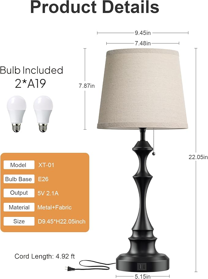 22'' Table Lamp for Living Room Set of 2: Farmhouse Table Lamp for Night Stands, 3-Way Dimmable Rustic Lamp with USB C+A Charging Ports, Side Table Lamp with Linen Fabric Shade, LED Bulbs Included