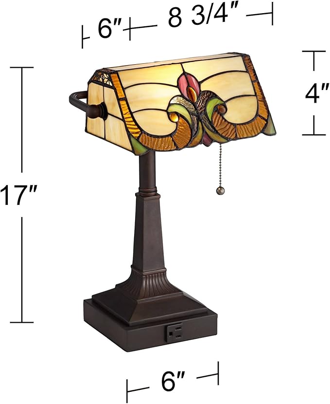 Robert Louis Tiffany Fleura Traditional Tiffany Style Piano Banker Desk Table Lamp 17" High with AC Power Outlet Bronze Floral Art Glass Shade Decor for Bedroom House Bedside Nightstand Home Office