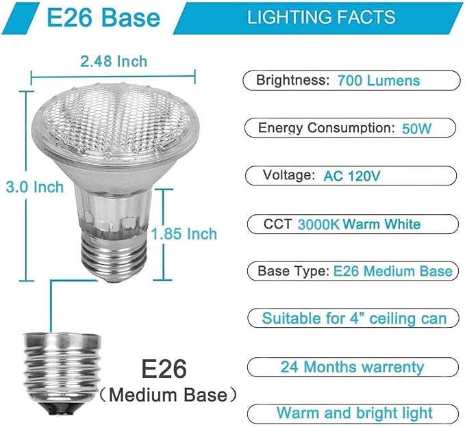 Vinaco Par20 Bulb 50 Watt 2 Pack, High Output Halogen 50W Floodlight, Warm White 3000K Dimmable E26, Long Lasting for Track and Recessed Lighting