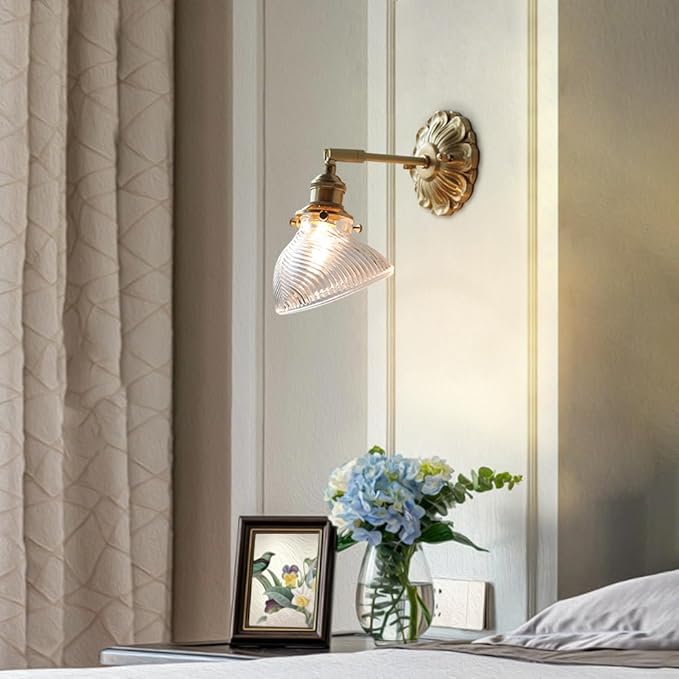 Elegant Brass Wall Sconce Modern Adjustable Home Decor Lighting Fixture with Striped Green/Clear Glass Shade, Japanese-Style Wabi Sabi Polished Brass Hardwired Sconces for Bedroom