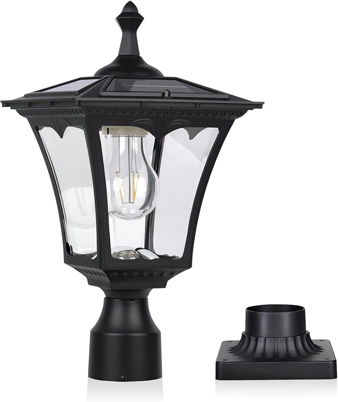 KP4301Q Outdoor Solar Post Lights with Glass lampshade, Heavy Duty Die-Casting Aluminum LED Solar Pillar Light for Gate Column, Driveway, Pathway,Garden, Patio, Matte Black