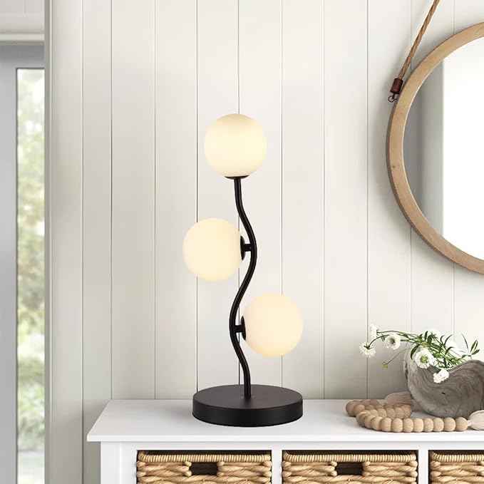 3-Light Curve Black Globe Table Lamp Mid Century Flower Beside Desk Table Light with Milk White Glass Shade Metal Base Nightstand Lamp for Bedroom Bedside