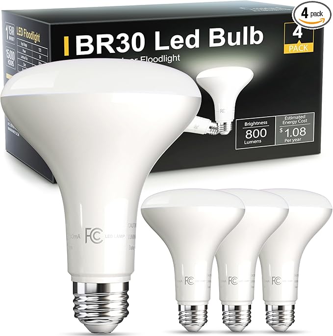 TJOY LED Flood Light Bulb, Recessed Ceiling Bulb, BR30, 65W Equivalent Efficient 9W, Dimmable, E26, Daylight White 5000K, 10 Year, 800 Lumens, 80CRI, 4 Pack LED Ceiling Light for Kitchen, Living Room