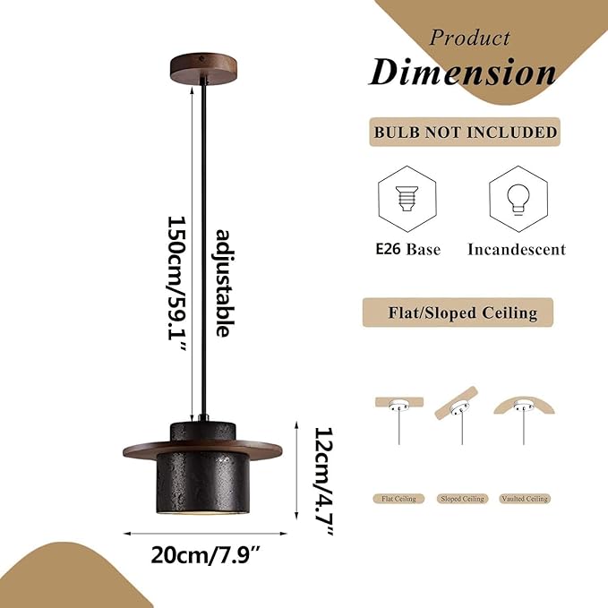 Wabi Sabi Black Natural Stone Pendant Light Travertine Lampshade Nordic Style Solid WoodNatural Yellow Travertine Hanging Lamp Dining Room Kitchens Island Hanging Lights