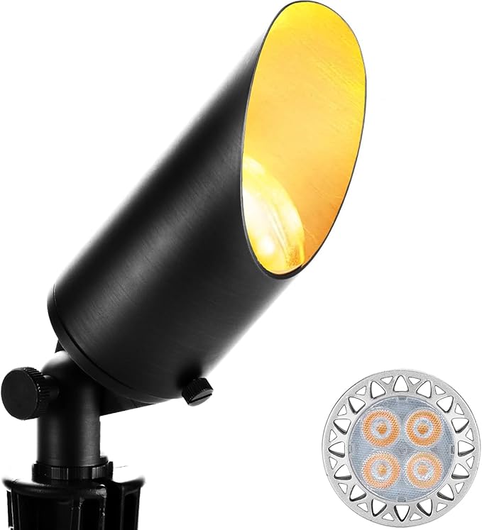 wowlite Landscape Spotlights Outdoor, 12V Low Voltage Landscape Lighting Fixture with 5W MR16 LED Bulb, 2700K Warm White Waterproof Black Aluminum Directional Uplight for Garden Courtyard Pathway - Aura Lighting