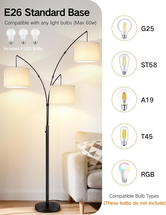 OUTON Arc Led Floor Lamp, Modern Black 3 Light Tall Floor Lamp for Bedroom, 2400lm Mid Century Adjustable Standing Corner Lamps for Living Room Office, 3 LED Bulbs Included, White Lampshade