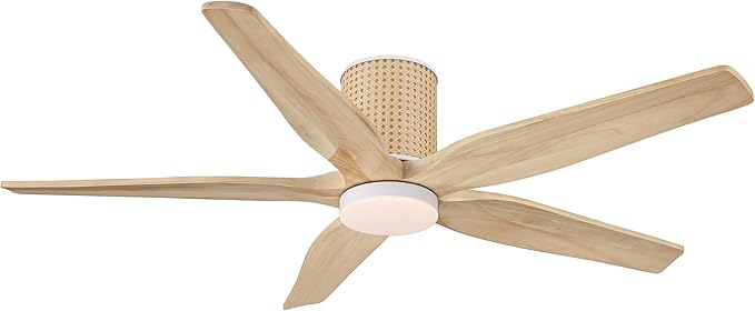 54" Ceiling Fan with Light - Low Profile Flush Mount Ceiling Fan, 6-Speed Remote Control, Solid Wood, Quiet Reversible DC Motor, Wood/White Finish, for Bedroom, Living Room, Porch - Aura Lighting