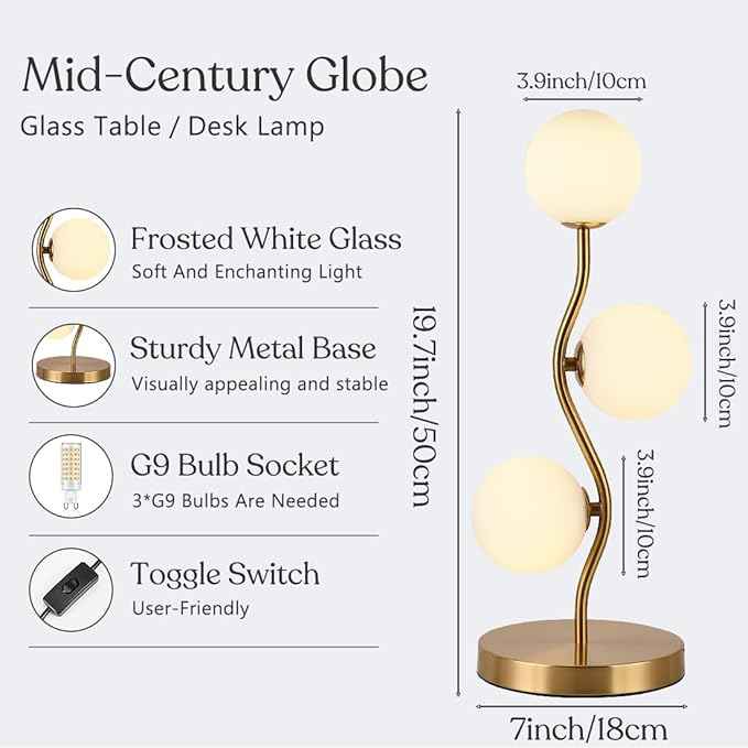 Mid Century Gold Globe Table Lamp 3-Light Flower Curve Beside Desk Table Light with Milk White Glass Shade Metal Base Nightstand Lamp for Bedroom Bedside