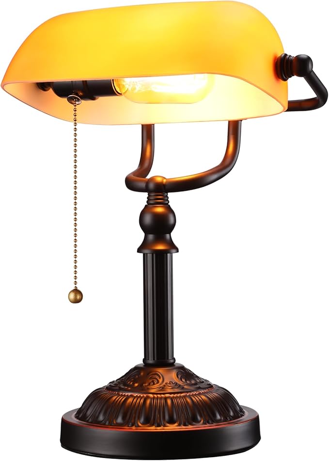 TORCHSTAR Bankers Desk Lamp with Pull Chain Switch, Amber Glass Shade Desk Lamps, Bronze Base, E26 Base, Vintage Library Lamp for Office, Study Room(Matted Orange)