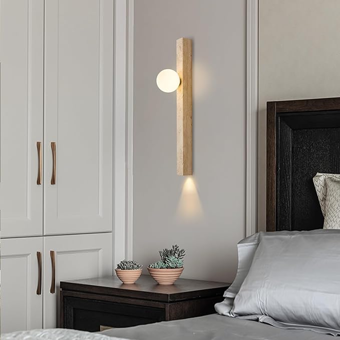 Rectangle Yellow Travertine Wall Lamp, 23.6" H Long Linear Stone Wall Sconce with Glass Lampshade, Japanese Style Wabi-Sabi Art Decor Lighting Fixture for Bedroom Living Room Dining Room