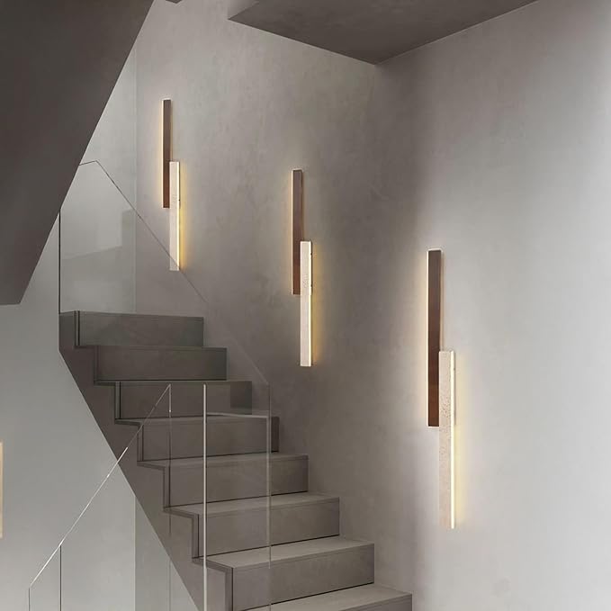 23.6 Inch Yellow Travertine Wall Lamp, Wabi-Sabi Art Lighting Fixture Nordic Modern Marble Wall Sconce, Japanese Style Natural Stone Wall Light for Bedside Bedroom Entryway Stairs Foyer