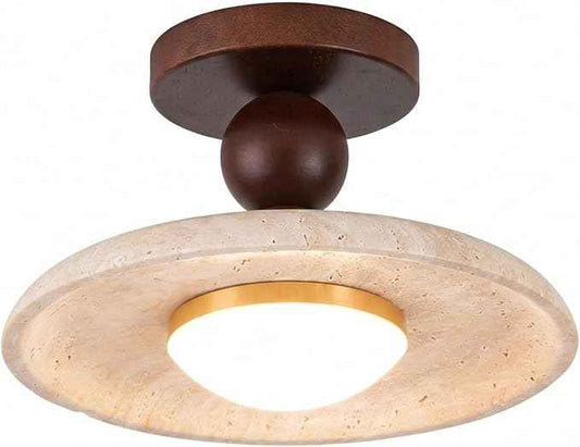 Mid-Century Travertine LED Ceiling Light, 3-Color Dimming Modern Round Natural Stone Walnut Wood Ceiling Lamp, Minimalist Flush Mount Overhead Lighting Fixture, for Living Room Bedroom