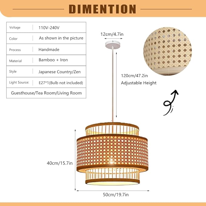 Double Layer Bamboo Pendant Light, Handwoven Japanese Zen Wabi Sabi Hanging Lamp, Natural Chandelier,Country-Style Dining Room LightFixture for Tea Room Guesthouse Living Room