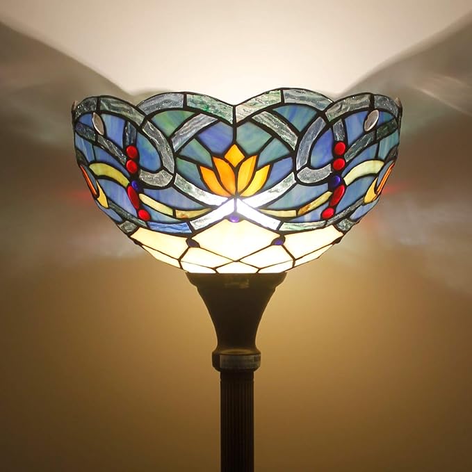 WERFACTORY Tiffany Floor Lamp Blue Lotus Flower Stained Glass Light 12X12X71 Inches Pole Torchiere Standing Corner Torch Uplight Decor Bedroom Living Room Home Office S220 Series