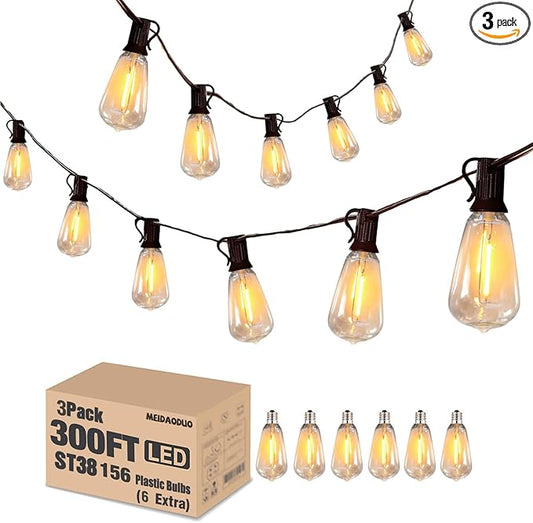 300FT Edison String Lights Outdoor Waterproof with 150+6 Extral LED Shatterproof ST38 Edison Bulbs 2200K for Outside Patio Pergola Backyard Bistro Lights, 3 x 100FT Connectable - Aura Lighting