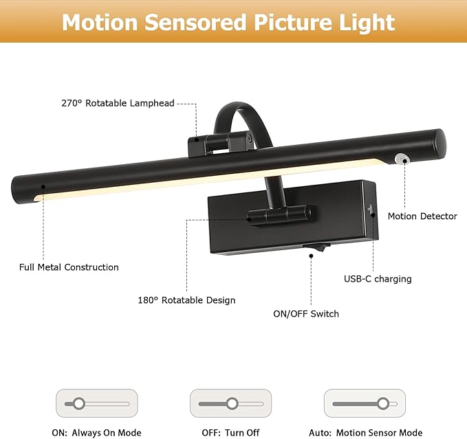 Wireless Picture Lights Battery Operated, Motion Sensor Black Art Lights Motion Activated Gallery Lighting Auto-Off Painting Lights for Portraits 16 Inch 3W Warm White