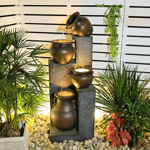 50H Water Fountain Outdoor with 5Tiers Modern Cascading Jar and Stacked Water Fountain with LED Lights for Patio
