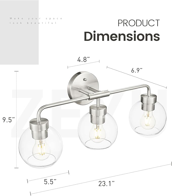 zeyu 23 Inch Bathroom Wall Light Fixtures, 3-Light Vanity Lighting Fixture, Brushed Nickel Finish with Clear Glass Globe Shade, ZS62BG-3W BN