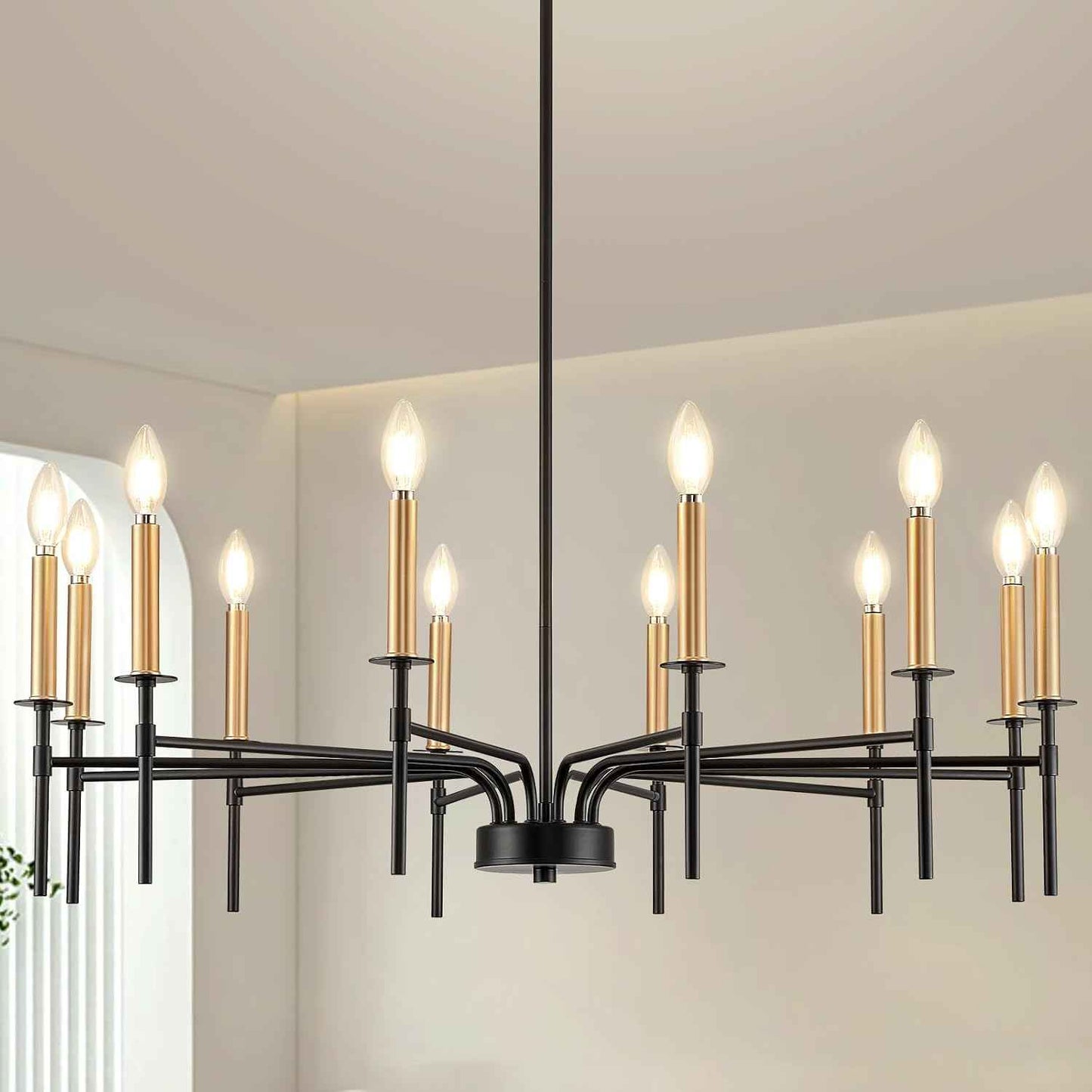 12 Light Modern Farmhouse Black and Gold Chandeliers for Dining Room Light Fixture, Metal Candle Chandelier Lighting Fixtures for Living Room Stair Foyer Entryway Bedroom Kitchen