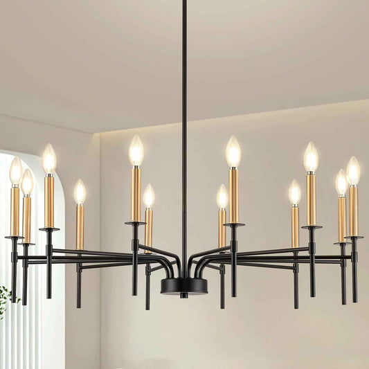 12 Light Modern Farmhouse Black and Gold Chandeliers for Dining Room Light Fixture, Metal Candle Chandelier Lighting Fixtures for Living Room Stair Foyer Entryway Bedroom Kitchen