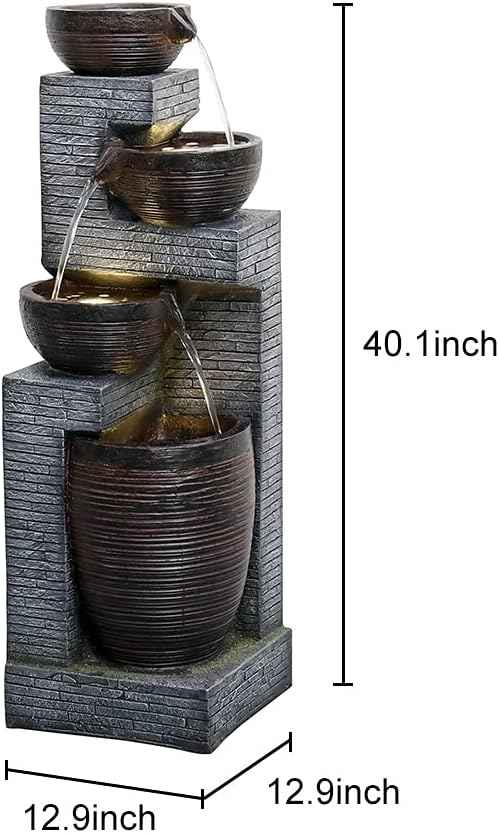 SunJet Indoor/Outdoor Cascading Water Fountain - 40.1inches Garden Fountains with Warm Lights, 4 Bowls Waterfall Feature for Home Deck, Patio, Porch, Yard Decor