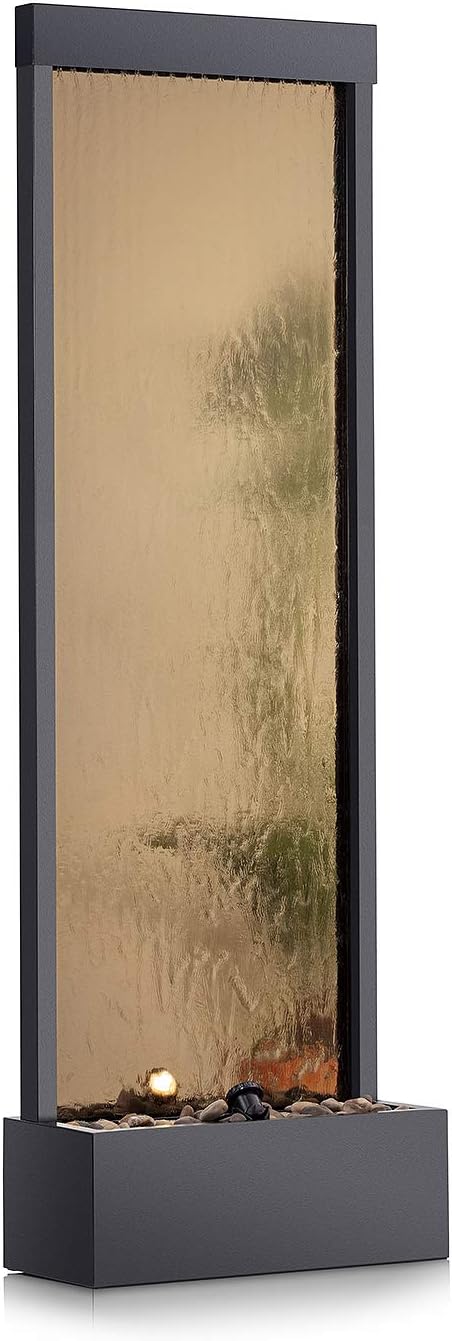 Alpine Corporation 72" Tall Indoor/Outdoor Mirror Waterfall Floor Fountain, LED Lights & River Stones, Elegant Bronze Finish for Home, Office, Patio & Entryway Decor