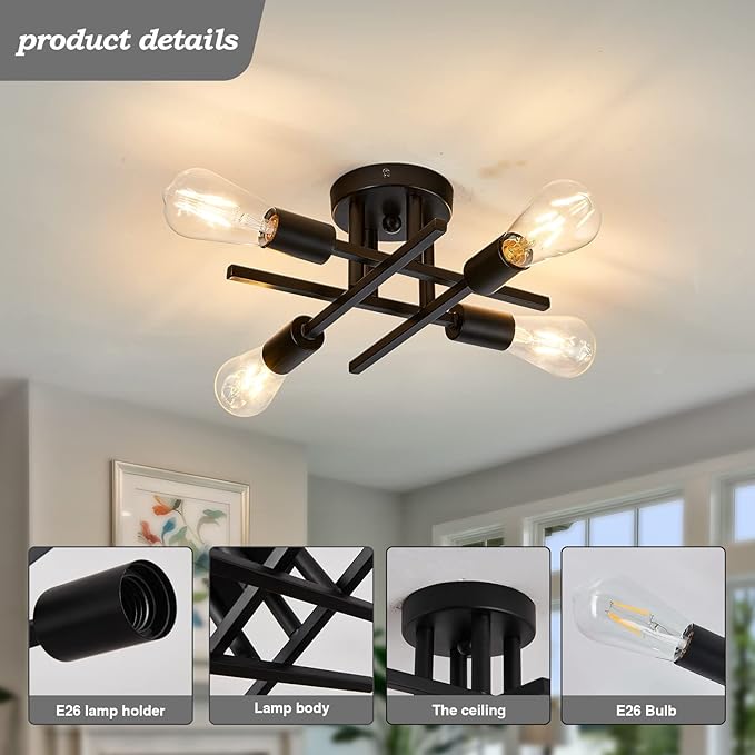 ZGLAOJT 4-Light Semi Flush Mount Ceiling Light Fixture 2 Pack Ceiling Light Matte Black with E26 Base Modern Light for Porch Bedroom Hallway Kitchen Farmhouse