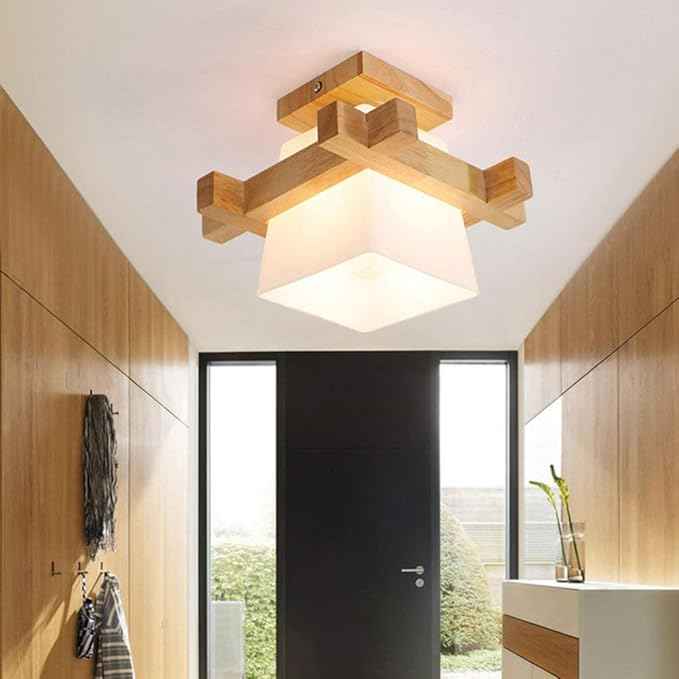 Flush Mount LED Ceiling Chandelier Wooden Ceiling Lamp Japanese Style for Bedroom Kitchen Living Room Hallway Hotel (Single Lamp Head, Without Bulb)