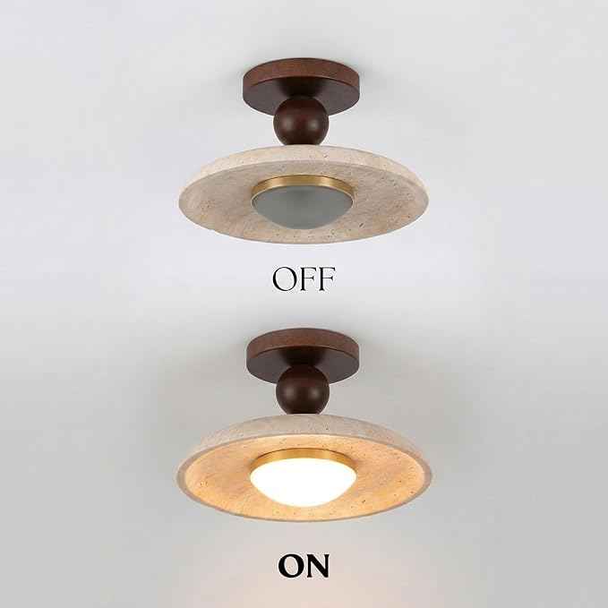 Mid-Century Travertine LED Ceiling Light, 3-Color Dimming Modern Round Natural Stone Walnut Wood Ceiling Lamp, Minimalist Flush Mount Overhead Lighting Fixture, for Living Room Bedroom
