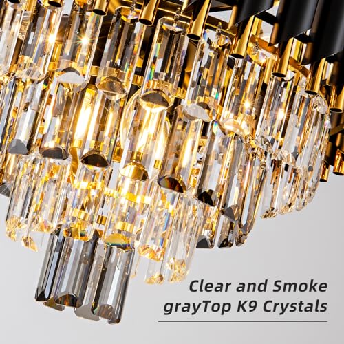 7 Light Modern Crystal Chandelier 20" Dining Room Light Fixtures 4 Tiers Flush Mount Smoke Grey and Gold Chandelier Round Chandeliers for Dining Room Living Room Kitchen Entryway Foyer