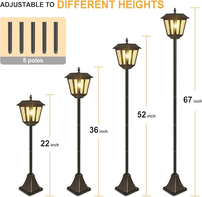 2 Pack 67" Solar Lamp Post Lights, 3000K Outdoor Solar Post Light Waterproof, Pole Light Outdoor Decorative Floor Lamp Vintage for Patio, Garden, Backyard, Pathway, Front/Back Door