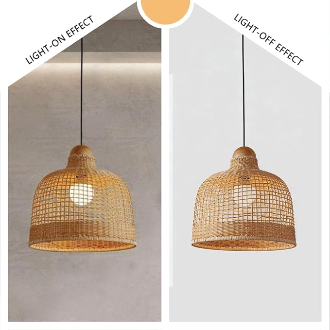 Rattan Wicker Pendant Light,Japanese Wabi-Sabi Vintage Bamboo Chandelier,Zen Natural Handwoven Hanging Lamp with Solid Wood Ceiling Plate,Living Room Fixture for Dining Room Bedside