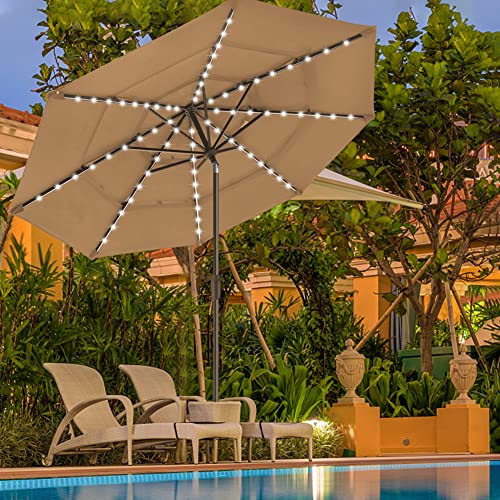 USA 10-Year-Non-Fading 9ft 3-Tier Market Patio Umbrella, Commercial Table Umbrella with 80 Solar LED Lights, Crank Open, Windproof & UPF 50+ UV Protection for Garden, Deck, Pool, Backyard, Heather Beige
